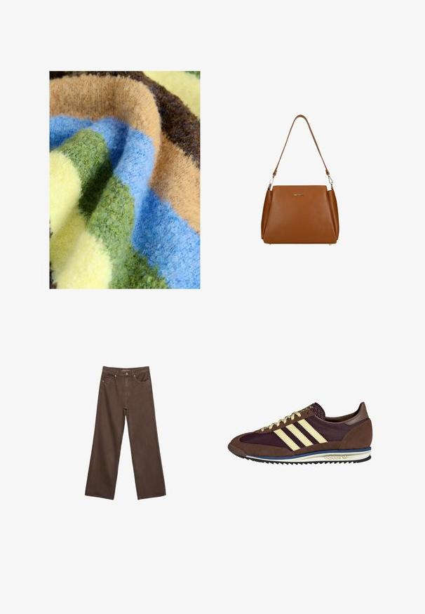 Mnohobarevná deka s hustou, měkkou strukturou a pruhy v zelené, modré, béžové, hnědé a žluté barvě. Hřejivý a jemný materiál.; Hnědé džíny s širokými nohavicemi vyrobené z denimu, s vysokým pasem, předními kapsami a klasickým zapínáním na knoflík. Hladká textura s jemným švem.; Hnědé a burgundské tenisky z semiše a síťoviny, s třemi krémovými pruhy, texturovaným materiálem na jazyku a gumovou podrážkou.; Hnědá kožená kabelka s texturovaným povrchem, s jedním ramenním popruhem a decentním logem na přední straně. Disponuje strukturovaným designem.