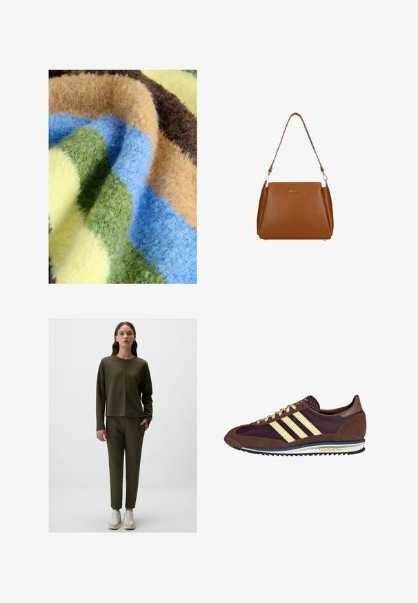 Multicolorede deken met een dikke, zachte textuur en strepen in groen, blauw, beige, bruin en geel. Gezellig en pluche materiaal.; Olijfgroene, langemouwen pullover met een voorknaad, gecombineerd met bijpassende slanke broek. Beide gemaakt van glad, rekbaar materiaal; sneakers inbegrepen.; Bruine en bordeauxkleurige sneaker van suede en mesh materiaal, met drie crèmekleurige strepen, een gemêleerd stof op de tong en een rubberen zool.; Bruine leren handtas met een gestructureerd oppervlak, een enkele schouderriem en een subtiele logo aan de voorkant. Heeft een gestructureerd ontwerp.