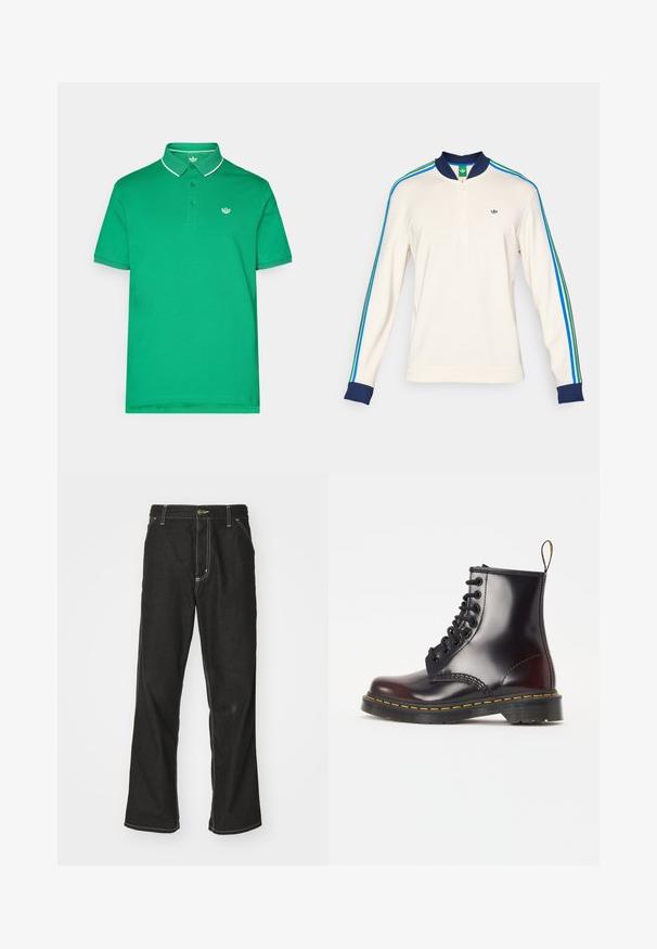 Kremeni dukserica na patentni zatvarač s tamnoplavim ovratnikom, zelenom etiketom i vertikalnim prugama u plavoj, zelenoj i crnoj boji duž rukava. Tkanina od pamuka i sintetike.; Zelena polo majica od pamuka, s dvobojnim gumbima, bijelim ovratnikom i rubovima rukava, te malim logotipom na prsima.; Crne traperice s opuštenim krojem, s kontrastnim bijelim šavovima, zakovicom za zatvaranje i ravnim nogavicama.; Crne kožne gležnjače s sjajnom završnom obradom, okruglim nosom, dizajnom s vezanjem na sedam rupica i karakterističnim žutim šavom duž đona.