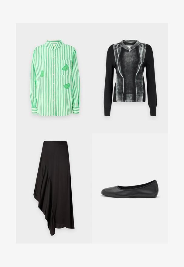 Black knit sweater with a grey graphic design resembling a muscle structure, featuring a V-neck and long sleeves. Smooth texture.; Green and white striped long-sleeve shirt with a collar, featuring lime slice embroidery on the left chest and two additional sections.; AERON ASTER SKIRT - Pencil skirt - black; Black leather ballet flat with a rounded toe, smooth texture, minimal stitching detail, and a flexible sole design.