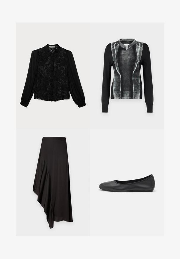 Schwarzer Strickpullover mit einem grauen grafischen Design, das einer Muskelstruktur ähnelt, mit V-Ausschnitt und langen Ärmeln. Glatte Textur.; Alice + Olivia Hemdbluse - gardenia black; AERON ASTER SKIRT - Bleistiftrock - black; Schwarze Leder-Ballettschuhe mit abgerundeter Spitze, glatter Textur, minimalen Nähdetails und einem flexiblen Sohlen-Design.