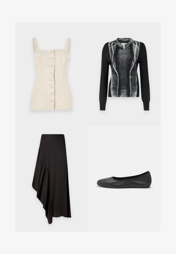 Melnas adītas džemperis ar pelēku grafisko dizainu, kas atgādina muskuļu struktūru, ar V-veida kakla izgriezumu un garām piedurknēm. Gluda tekstūra.; Beige lina bez piedurknēm tops ar pieguļošu dizainu, priekšējo pogu aizdari un teksturētu audumu. Iezīmē taisna griezuma plecu siksnas.; AERON ASTER SKIRT - Zīmuļsvārki - black; Melna ādas baleta kurpe ar noapaļotu purngalu, gludu tekstūru, minimālu šuvju detalizāciju un elastīgu zoles dizainu.