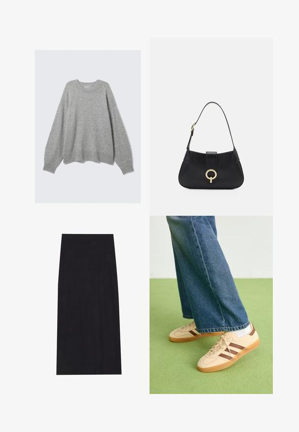 Šviesiai pilka megzta palaidinė su apvaliu kaklu, kritusiais pečiais ir sutrauktomis rankovėmis bei apačia. Minkšta tekstūra, laisvas, per didelis kirpimas.; Juodas midi sijonas, pagamintas iš minkštos, tamprios medžiagos. Turi tiesią siluetą ir elastinį liemenį, užtikrinantį patogų prigludimą.; Bežiniai sportbačiai su tekstūruotais grietinėlės spalvos paneliais ir rudiems dryžiais, derinami su mėlynu džinsiniu džinsų komplektu. Džinsai turi plačias kojas ir nusidėvėjusį apatinį kraštą.; Juoda odinė rankinė su kreiva siluetu, trumpa rankena, centriniu auksinės spalvos apdailos elementu ir lygiomis tekstūromis. Nėra matomų raštų ar akcentų.