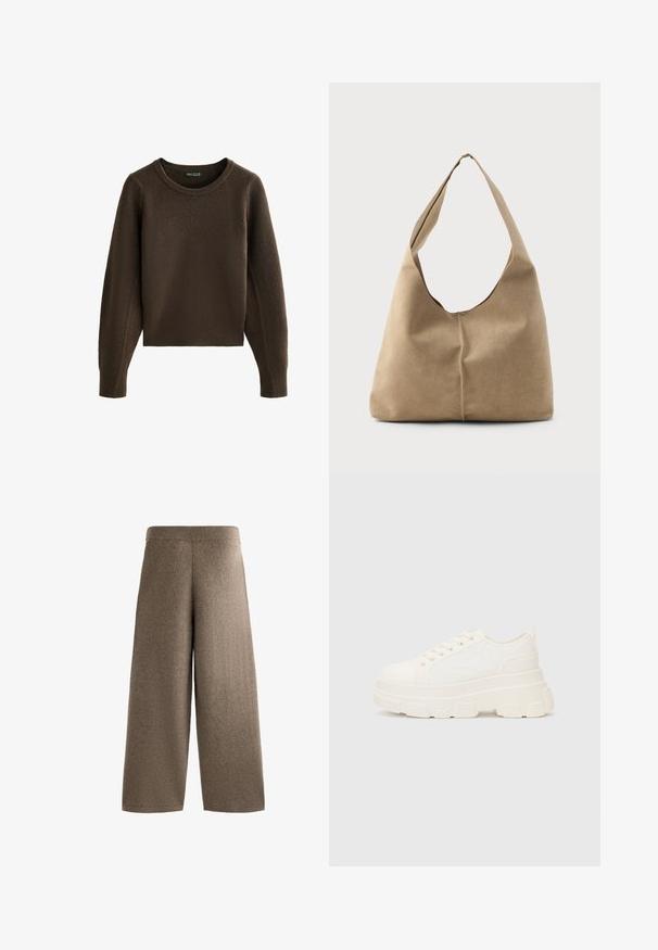 Brun ribbad stickad tröja med rund halsringning och raglanärmar. Har en cropped längd och en strukturerad tygkvalitet. Inga synliga knäppningar.; Vida byxor med vida ben, tillverkade av mjukt, brunt tyg med hög elastisk midja. De har en slät yta och inga synliga detaljer eller mönster.; Vitcanvas sneakers med en chunky sula, rund tå och fem öglor för snören. Bakre tab för enkel påtagning. Slät yta, minimalistisk design.; Hobo-väska i mjuk beige mocka med en avslappnad form, bred axelrem och handsydd sömdetalj längs framsidan.