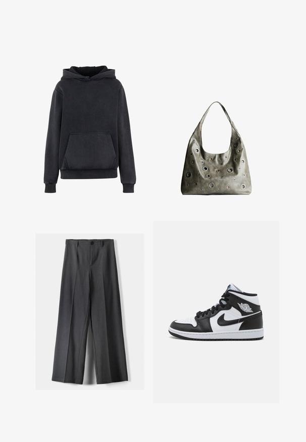 Urban Classics VINTAGE HEAVY - Hoodie - magnet; Wide-leg trousers in dark grey fabric, featuring a button closure, front pleats, and belt loops. Smooth texture with a tailored design.; High-top basketball shoes in black and white leather, featuring perforations on the toe box, a Nike swoosh, and a wing logo on the ankle.; Olive green leather handbag with a slouchy design, featuring various sized circular cutouts and accents in darker and lighter shades.