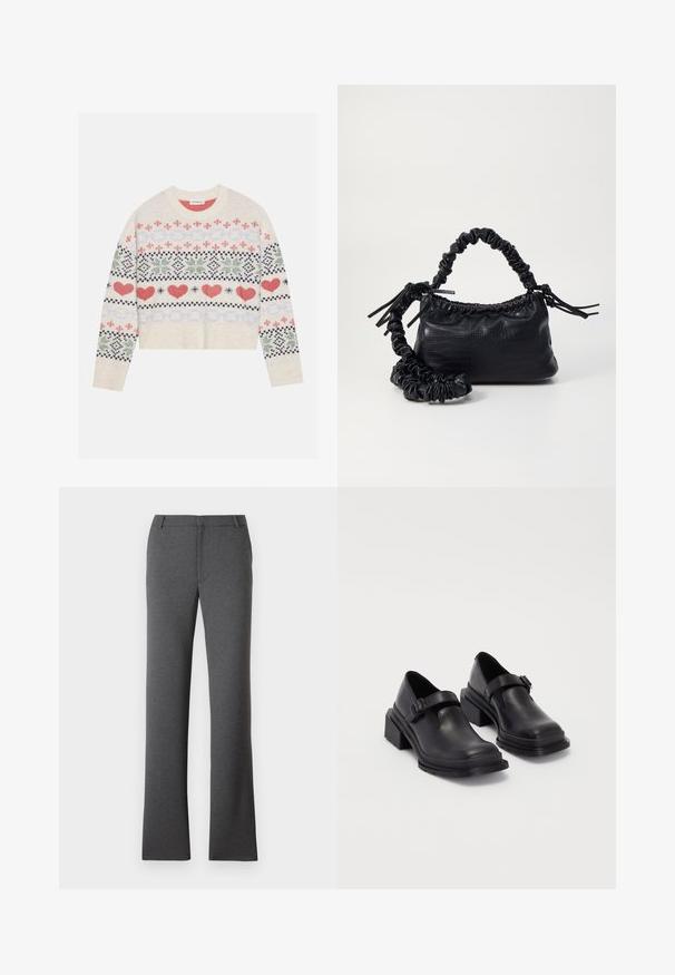 Pulover tricotat crem cu un design cropped, având motive multicolore cu inimi, flori și forme geometrice în nuanțe de roșu, verde și bleumarin.; Pantaloni gri cu un design drept pe picior. Confecționați dintr-un material texturat, având un front plat și crampoane pentru curea. Fără modele sau accesorii vizibile.; Pantofi din piele neagră cu vârf rotunjit, talpă plată și o curea cu detaliu de cataramă. Toc gros pentru o stabilitate suplimentară.; Geantă din faux leather neagră cu textură de crocodil, cu partea superioară strânsă și o curea mototolită. Pare moale și compactă ca design.