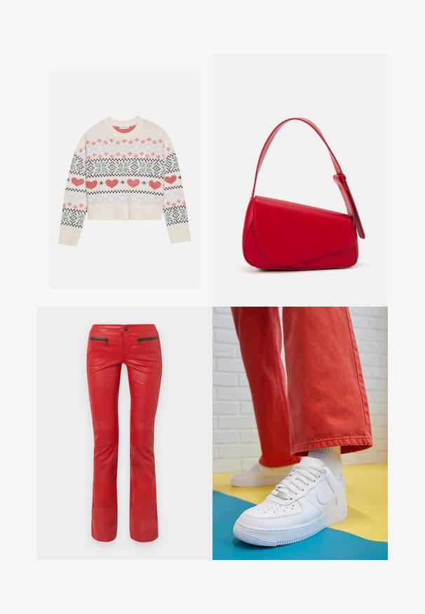 Krémový pletený sveter s krátkym strihom, ktorý obsahuje viacfarebné vzory srdiečok, kvetov a geometrických tvarov v červenej, zelenej a tmavomodrej farbe.; Červené kožené nohavice s textúrovaným povrchom, ktoré majú dve zipsové predné vrecká a priliehavý strih, ktorý sa mierne rozširuje pri členku.; Biele kožené tenisky s perforovanou špičkou, textúrovanou podrážkou a bielymi šnúrkami, spárované so širokými červenými nohavicami na modrom a žltom pozadí.; Červená kožená kabelka s ostrým, geometrickým dizajnom. Má jeden nastaviteľný popruh a uzatváranie na klopu so šitím.