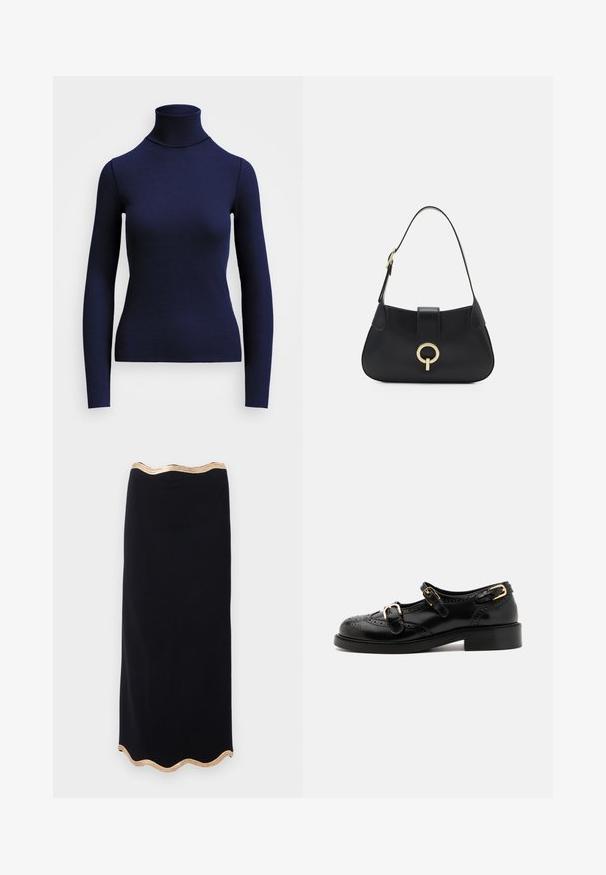 Námornícky modrý rebrovaný rolák s dlhými rukávmi, vyrobený z elastického materiálu, s priliehavým strihom a vysokým golierom. Bez viditeľných vzorov.; Čierna ceruzková sukňa so zaobleným lemom a zlatým metalickým lemovaním. Hladká textura, priliehavý strih, dĺžka po kolená.; Čierne kožené topánky s brogue detailami, vybavené dvoma prackami, zaoblenou špičkou a nízkym podpätkom. Hladká textúra s lesklým povrchom.; Čierna kožená kabelka s zakrivenou siluetou, krátkym popruhom, stredným zlatým kovovým detailom a hladkou textúrou. Bez viditeľných vzorov alebo akcentov.