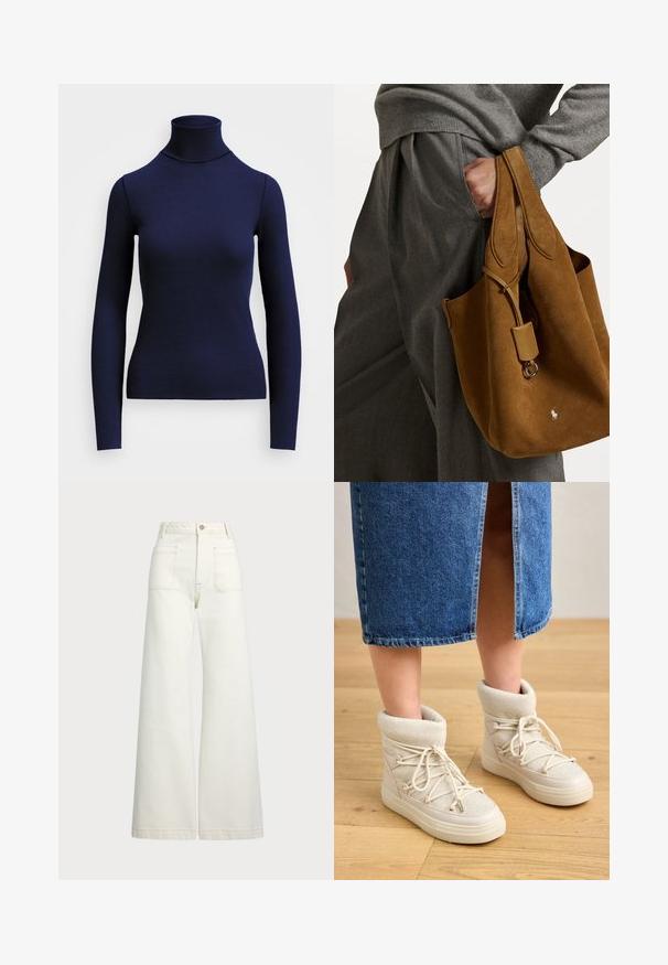 Suéter de cuello alto de canalé en color azul marino, con mangas largas, hecho de una tela elástica, que presenta un corte ajustado y un cuello alto. Sin patrones visibles.; Jeans de pierna ancha en denim color blanco roto. Diseño de cintura alta con cierre de botón, dos bolsillos frontales y detalles de costura en contraste.; Botas de tobillo beige con un puño suave de punto y cordones blancos. La suela es gruesa y texturizada, combinada con una falda de mezclilla azul.; Bolso tote de ante marrón con forma redondeada, doble asa y un acento de hardware metálico. Presenta un pequeño logo en la parte delantera.