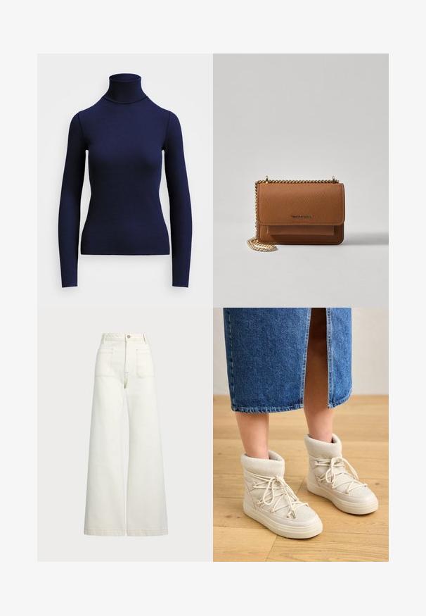 Granatowy sweter z golfem i długimi rękawami, wykonany z elastycznego materiału, cechujący się dopasowanym krojem i wysokim kołnierzem. Brak widocznych wzorów.; Spodnie dżinsowe o szerokich nogawkach w odcieniu off-white. Wysoki stan z zapięciem na guzik, dwiema kieszeniami z przodu i detalami z kontrastowym przeszyciem.; Beżowe botki za kostkę z miękkim, dzianinowym mankietem i białymi sznurówkami. Podeszwa jest gruba i teksturowana, w zestawieniu z niebieską spódnicą dżinsową.; Brązowa skórzana torba na ramię z teksturą, z złotym łańcuszkiem i zapięciem na klapkę. Z przodu znajduje się detal z logo oraz kieszeń pod klapką.