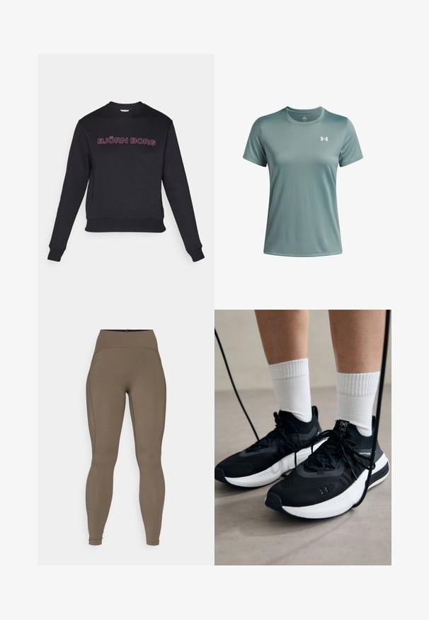 Black sweatshirt with long sleeves, round neckline, and a fitted waistband. Features pink text “BJÖRN BORG” across the chest. Soft fabric texture.; Light green short-sleeve t-shirt made of smooth, breathable fabric. Features round neck and small white logo on the left chest.; High-waisted, brown leggings made of smooth, stretchy fabric with reinforced seams and a fitted shape, ideal for active wear.; Black athletic shoes with textured fabric, white sole, and black laces. Worn with white ribbed socks, standing on a light surface.