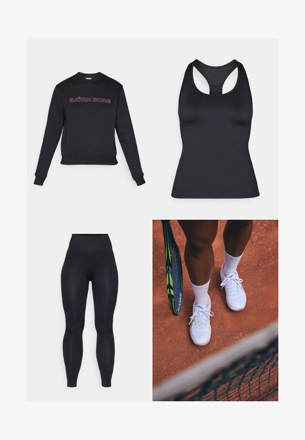 Sweatshirt preto com mangas longas, decote redondo e uma cintura ajustada. Apresenta texto rosa "BJÖRN BORG" no peito. Textura de tecido suave.; Top desportivo preto com alças em formato racerback, de corte ajustado e bordas sem costuras, feito de um tecido suave e elástico.; Leggings pretos com cintura alta em tecido canelado, feitos de material elástico. Apresentam uma textura suave com padrões verticais por toda a parte.; Ténis brancos com painéis em rede e detalhes em rosa, acompanhados de meias brancas, posicionados numa quadra de terra batida com uma raquete de ténis nas proximidades.