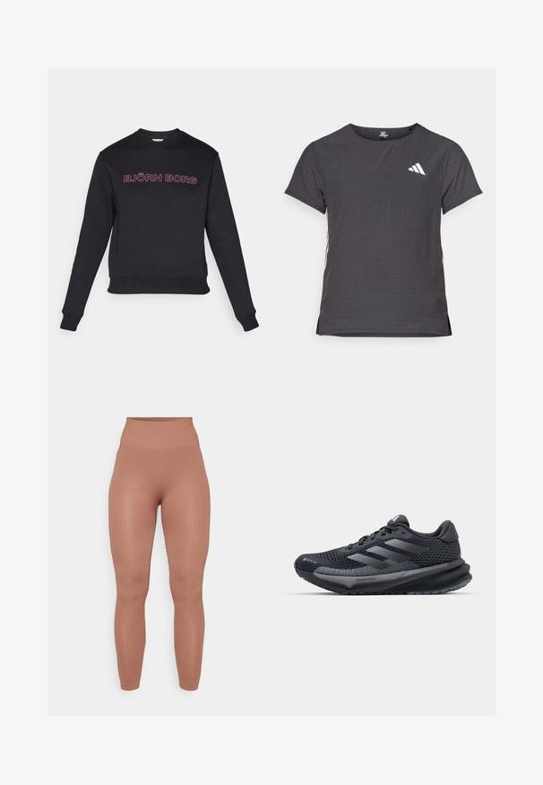 Svart sweatshirt med långa ärmar, rund halsringning och en tight midja. Har rosa texten "BJÖRN BORG" över bröstet. Mjuk tygstruktur.; Kortärmad atletisk t-shirt, mörkgrå med perforerad textur. Har en vit logotyp och kontrasterande sidostripes. Rundad halsringning.; Randiga högmidjade leggings i en varm, dämpad brun färg. Tillverkade av stretchigt material, med en åtsittande passform och slät yta.; Svart sportskor med ett texturerat mesh-ovandel, reflexdetaljer, dämpad sula och en strömlinjeformad design. Har tre randigt logotyp.