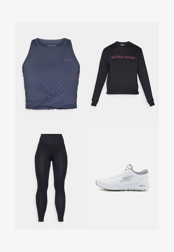 Juodas džemperis su ilgomis rankovėmis, apvaliu kaklu ir priglundančia juosmens linija. Krūtinėje yra rožinė užrašą "BJÖRN BORG". Minkšta audinio struktūra.; Tamsiai mėlynas sportinis marškinėlis su apvaliomis iškirptėmis, su susuktos priekinės dalies dizainu ir žodžiu "BORG", atspausdintu šviesnesniu atspalviu.; Juodos suplotos legging'ais su aukštu juosmeniu, pagaminti iš elastingos medžiagos. Pasižymi lygiu paviršiumi su vertikaliomis raštais.; Balti sportiniai batai su tekstūruotu tinkliniu viršumi, sidabriniais akcentais ir lengvu padu, kuriame yra mažų sukibimo kaiščių, paženklinti "ULTRA FLIGHT."