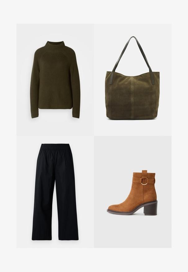 Mørk olivengrønn genser med høy krage, ribbestruktur og lange ermer. Har en avslappet passform og sømløs skulderdesign.; Sorte vid bukser med elastisk talje, laget av glatt, lett stoff og med en avslappet passform. Ingen lommer eller synlige dekorasjoner.; Brune semsket ankelstøvler med rund tå, blokkeels og en dekorativ rem med en cirkulær spænde detalje.; Olivengrønn semsket tote-veske med to lærhåndtak, myk tekstur, sydd detalj nedover midten og åpen toppdesign.