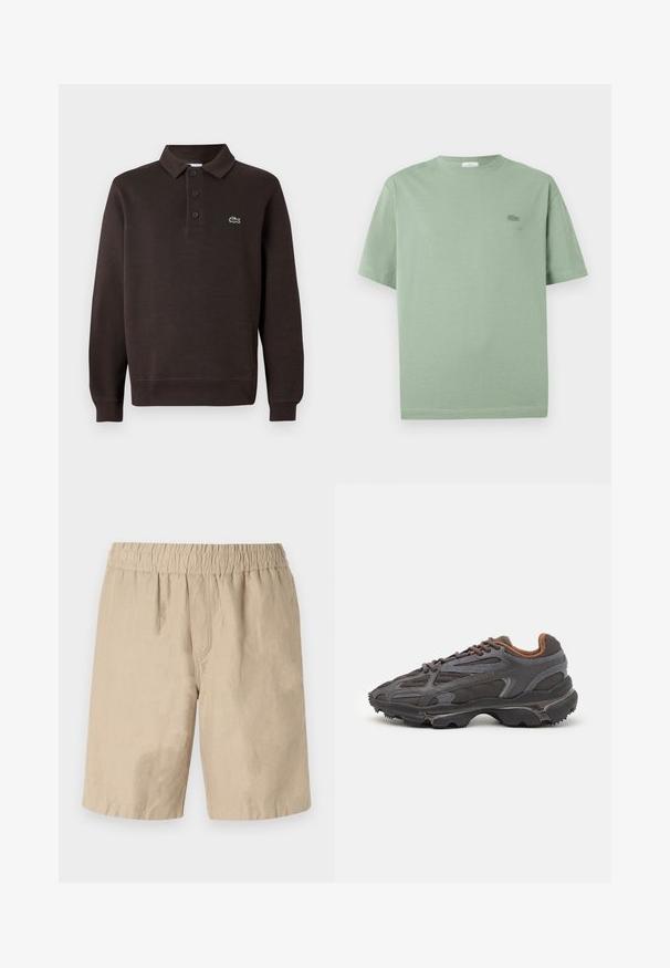 Polo marrone a maniche lunghe realizzato in tessuto strutturato, con patta a tre bottoni e un piccolo logo Lacoste sul petto.; T-shirt verde chiaro a maniche corte in cotone, con un piccolo logo ricamato sul petto e scollatura a girocollo.; Pantaloni corti in cotone beige con cintura elastica, caratterizzati da una vestibilità rilassata e una texture liscia. Senza tasche visibili né decorazioni.; Sneaker Lacoste grigie scure in materiale mesh e sintetico, con suola testurizzata e dettagli marroni sul colletto e sul branding.