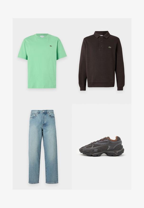 Barna, hosszúujjú pólóing, textúrált anyagból készült, háromgombos nyakkal és egy kis Lacoste logóval a mellrészen.; Mentazöld pamut póló, környakú fazonnal, rövid ujjakkal és egy kis hímzett logóval a bal mellrészen.; Világoskék farmernadrág laza szabással, egyenes lábakkal, öt zsebes dizájnnal és gombos derékkal. Minimalista varrási részletek.; Sötét szürke Lacoste sportcipők hálós és szintetikus anyagból, textúrázott talppal és barna díszítésekkel a nyak részen és a logón.