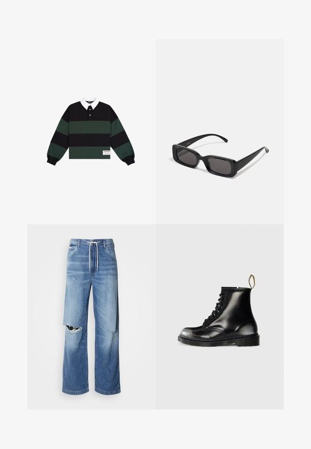 Long-sleeve polo shirt featuring black and dark green horizontal stripes, a white collar, and a logo patch on the lower left side.; Light blue denim jeans with a loose fit, featuring a white drawstring waist, and distinct rips on the front, showing frayed edges.; Black leather ankle boots with a shiny finish, eight eyelets, black laces, and a pull tab. Features a textured treaded sole.; Black rectangular sunglasses with dark lenses, glossy finish, wide arms, and a chunky frame design. Engraved brand name on one arm.