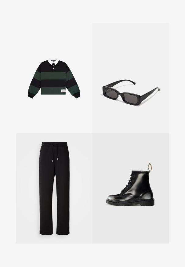 Langarm-Polohemd mit schwarzen und dunkelgrünen horizontalen Streifen, einem weißen Kragen und einem Logo-Aufnäher auf der unteren linken Seite.; Schwarze Sweatpants aus weichem Stoff, mit einem Kordelzugbund, geraden Beinen und ohne zusätzliche Muster oder Akzente.; Schwarze Leder-Ankle-Boots mit glanzfinish, acht Ösen, schwarzen Schnürsenkeln und einer Zuglasche. Mit einer strukturierten, profilierten Sohle.; Schwarze rechteckige Sonnenbrille mit dunklen Gläsern, glänzender Oberfläche, breiten Bügeln und einem klobigen Rahmen-Design. Gravierter Markenname auf einem Bügel.