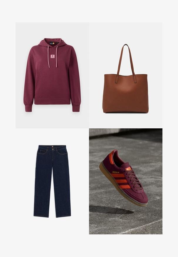 Sudadera burdeos hecha de una suave mezcla de algodón. Presenta un bolsillo frontal, parche de logo rosa, capucha con cordón y puños y dobladillo acanalados.; Pantalones vaqueros de mezclilla azul oscuro con corte recto, cinco bolsillos y costuras en contraste de color naranja. La cinturilla incluye un botón de metal y una cremallera.; Zapatillas de ante color marrón burdeos con rayas y acentos naranjas, cordones marrones y suela de goma. Presentan una etiqueta con el logo en la lengüeta.; Bolso tote de cuero marrón con una textura suave, diseño de apertura superior y dos correas para el hombro. Presenta una costura mínima y sin herrajes visibles.