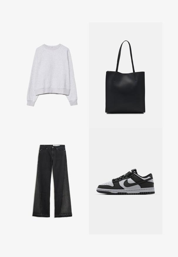Šedá zkrácená mikina z měkké texturované látky. Má dlouhé raglánové rukávy a žebrované manžety a lem. Jednoduchý, neutrální design.; Široké džíny v černém denimu s třepeným lemem. Obsahují kontrastní boční panely a standardní design s pěti kapsami. Zapínání na knoflík a zip.; Černé a šedé nízké tenisky Nike Dunk s perforovanou špičkou, hladkými koženými akcenty a gumovou podrážkou s texturovaným vzorem.; Černá kožená taška přes rameno s hladkým povrchem, obdélníkovým tvarem a dvěma dlouhými uchy. Žádné viditelné kování ani ozdoby.