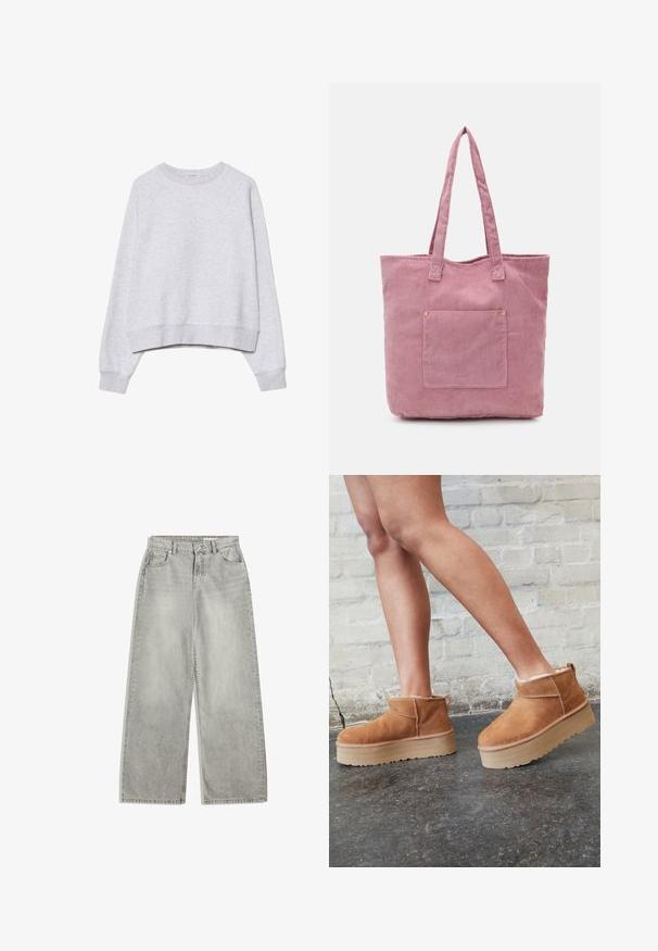 Sivý cropped sweatshirt z jemného, textúrovaného materiálu. Má dlhé raglánové rukávy a rebrované manžety a spodný lem. Jednoduchý, neutrálny dizajn.; Světle šedé široké džíny s vysokým pasem, pěti kapsami, zipem a jemným vyblednutím. Vyrobené z džínoviny s hladkou texturou.; Hnedé semišové kotníkové čižmy s mäkkou podšívkou, hrubou béžovou platformou a zadným pútkom na obutie. Textúrovaný povrch s viditeľnými švami.; Ružová kordurová taška s dvoma dlhými uchami, obsahujúca predné vrecko a jemnú ryhovanú textúru. Hladký interiér.
