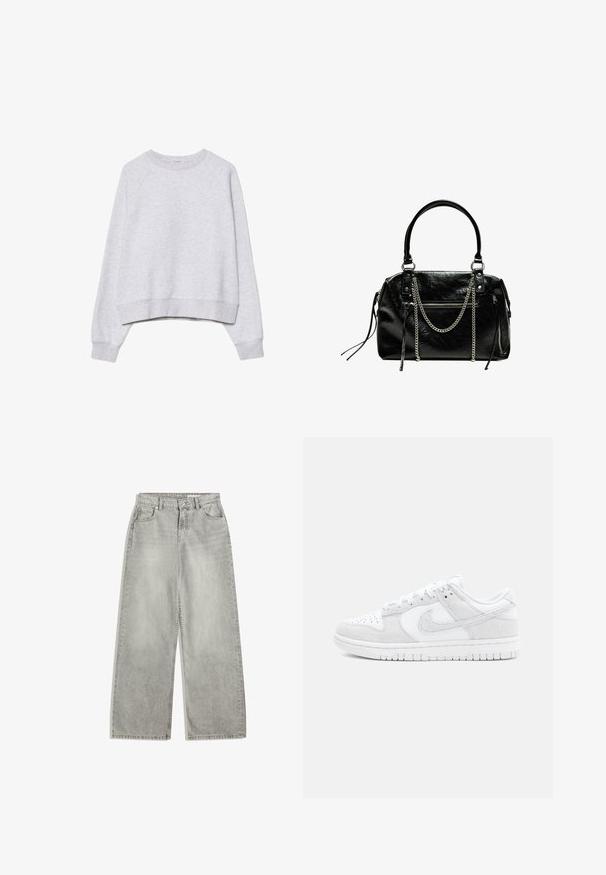 Grå cropped sweatshirt i blødt, struktureret stof. Har lange raglanærmer samt ribstrikkede manchetter og kant. Enkel, neutral design.; Lys grå brede jeans med høj talje, fem lommer, lynlås og subtilt slid. Fremstillet af denim med en glat tekstur.; Hvide Nike sneakers med en kombination af struktureret læder og ruskind, lavt design, rund tå og mønstret gummisål.; Bershka WITH CHAIN - Håndtasker - black