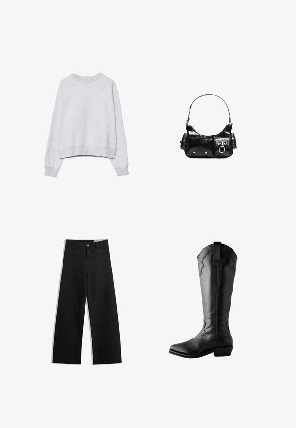 Grauer, kurzer Sweatshirt aus weichem, strukturiertem Stoff. Mit langen Raglanärmeln sowie gerippten Bündchen und Saum. Schlichtes, neutrales Design.; Schwarze weit geschnittene Jeans mit hoher Taille, ausgestattet mit Vorder- und Hintertaschen, gesteppten Nähten und einem Knopfverschluss. Glatte Textur.; Schwarze Leder-Stiefel bis zum Knie mit spitzen Zehen, dekorativer Stickerei, einem Ziehgriff an der Oberseite und einem gestapelten Absatz. Glatte Textur.; Schwarze Lackleder-Handtasche mit geschwungenem Design, einem Schulterriemen, Vordertaschen und silberfarbenen Hardware-Akzenten.
