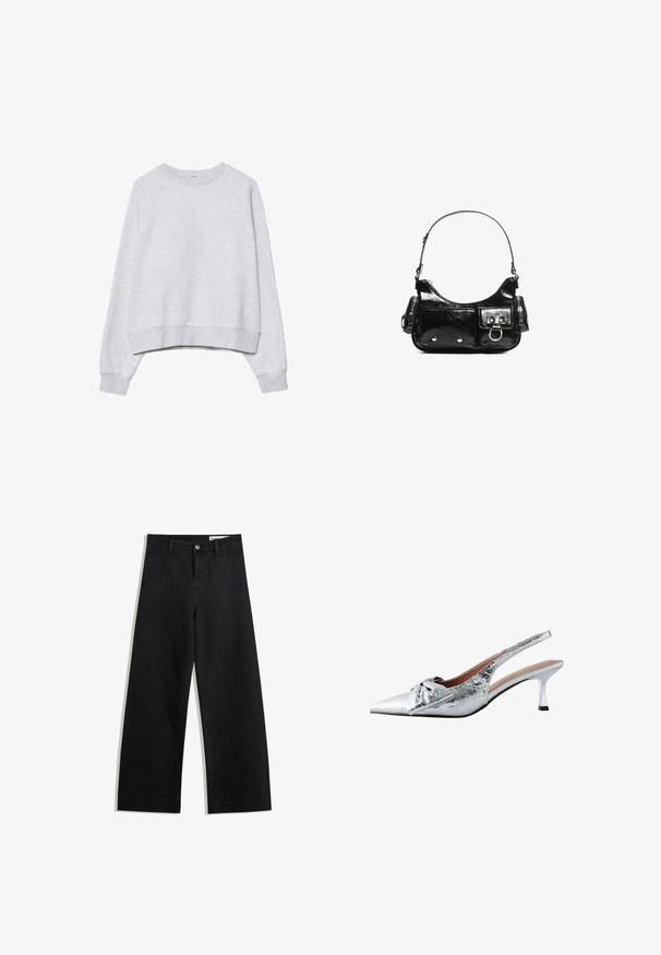 Grå kortärmad sweatshirt i mjukt, strukturerat tyg. Har långa raglanärmar samt ribbade manschetter och fåll. Enkelt, neutralt design.; Svarta vida denimbyxor med hög midja, med fram- och bakfickor, sydda sömmar och knappstängning. Slät textur.; Silver slingbackklackar med spetsig tå, texturerad metallisk yta och en dekorativ rosett. Har en smal kitten-häl.; Svart lackläderhandväska med en rundad form, en axelrem, framfickor och detaljer i silverfärg.