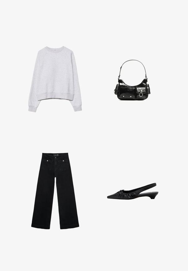 Felpa grigia cropped in tessuto morbido e texture. Presenta maniche lunghe raglan e polsini e orlo a coste. Design semplice e neutro.; Jeans neri a gamba larga con vita alta, dotati di due tasche frontali e dettagli in metallo sui bottoni. Il tessuto ha una texture liscia.; Scarpa slingback in pelle nera con punta affilata, dettagli arricciati e tacco basso. Texture liscia e design minimalista.; Borsa a spalla in vernice nera con forma curvata, una tracolla, tasche frontali e dettagli in metallo argentato.