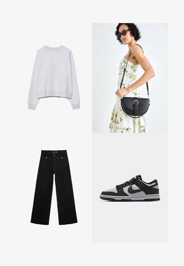 Šedá zkrácená mikina z měkké texturované látky. Má dlouhé raglánové rukávy a žebrované manžety a lem. Jednoduchý, neutrální design.; Černé široké džíny s vysokým pasem, obsahující dvě přední kapsy a kovové knoflíkové detaily. Látka má hladkou texturu.; Černé a šedé nízké tenisky Nike Dunk s perforovanou špičkou, hladkými koženými akcenty a gumovou podrážkou s texturovaným vzorem.; Černá kožená kabelka s křivkovým tvarem, odnímatelným popruhem a zlatými detaily. Kabelka má klopu s přezkou.
