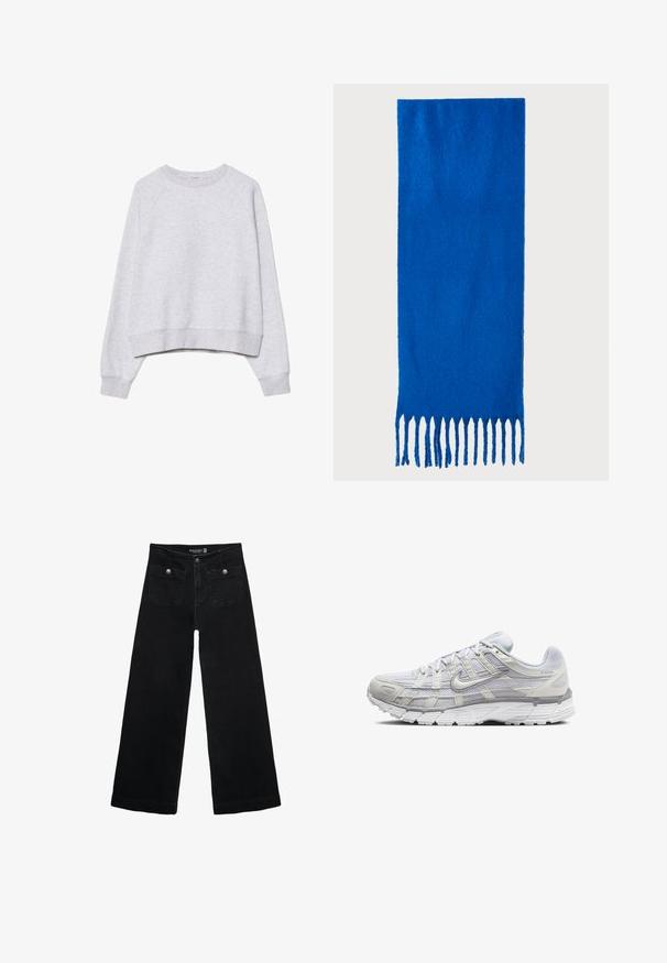 Siva skraćena dukserica od mekane, teksturirane tkanine. Ima duge raglan rukave i rebraste manžete i donji rub. Jednostavan, neutralan dizajn.; Crne široke traperice s visokim strukom, koje imaju dva prednja džepa i metalne gumbe kao ukrase. Tkanina ima glatku teksturu.; Svijetlosive atletske cipele s mrežastim i sintetičkim gornjim dijelom, s vezanjem, podstavljenim ovratnikom i teksturiranim potplatom za bolje prianjanje.; Plava šal od mekog materijala; sadrži jednobojnu boju s teksturiranom površinom i ravnomjerno rezanim resicama na dnu.; Crna kožna torba s lukovitim oblikom, odvojivim remenom i zlatnim detaljima. Torba ima preklop s kopčom.