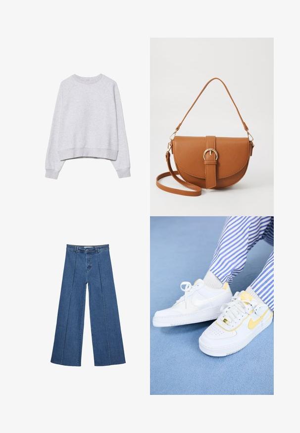 Harmaa lyhyt hiha sweatshirt pehmeästä, teksturoidusta kankaasta. Ominaisuuksia pitkä raglanhihainen malli, sekä resorikuvioiset hihansuut ja helma. Yksinkertainen, neutraali muotoilu.; Korkeat vyötäröiset, keskisiniset, leveiden lahkeiden denim-farkut, joissa on nappikiinnitys ja kontrastiväriset pystysaumadetaileja edessä.; Valkoiset Nike Air Force 1 -tossut keltaisilla yksityiskohdilla ja rei'itetty kärki, yhdistettyinä raidallisiin sinisiin ja valkoisiin housuihin. Karkea sininen tausta.; Ruskean nahkainen olkalaukku, jossa on kaareva muoto, kultaiset yksityiskohdat ja solkiyksityiskohta. Varustettu irrotettavalla olkahihnalla.