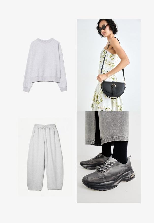 Grå cropped sweatshirt i blødt, struktureret stof. Har lange raglanærmer samt ribstrikkede manchetter og kant. Enkel, neutral design.; Lysegrå sweatpants med en afslappet pasform, elastisk talje, snøre og sidelommer; lavet af blødt, struktureret stof.; Sorte og grå atletiske sko har en mesh-overdel, tykke såler og snørebånd. De har en afrundet tå og synligt dæmpningsdetalje.; Sort læderhåndtaske med en buet form, aftagelig rem og guldfinish. Tasken har en klap med en spænde detalje.