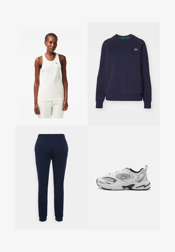 Navy blue sweatshirt made of cotton, featuring a crew neckline, ribbed cuffs, and a small green Lacoste logo on the chest.; White ribbed tank top with a round neckline and green Lacoste logo on the chest, paired with matching white pants.; Navy blue sweatpants with an elastic waistband and tapered legs. The fabric appears smooth and soft, featuring ankle cuffs.; White athletic shoes with mesh panels, black accents, and a textured sole. Features a sleek design and a prominent logo on the side.