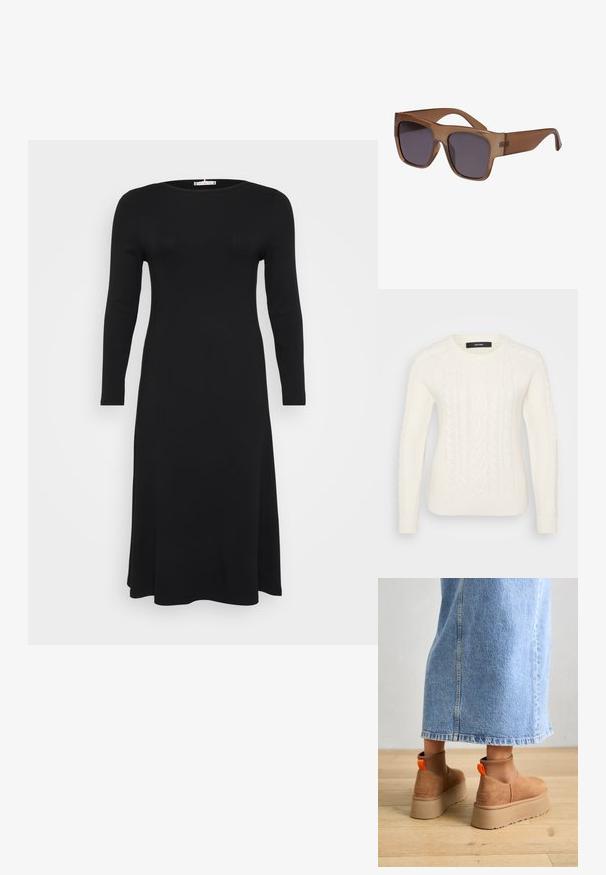 Balts adītais džemperis ar teksturētu kabeli, ar apaļu kakla izgriezumu un ribotām piedurknēm un apakšmalu. Izgatavots no mīksta, siltā materiāla.; Melna, garām piedurknēm, ribota kleita ar apaļu izgriezumu un plūstošu siluetu, attēlota uz vienkārša balta fona.; Brūni zamšādas platforma zābaki ar elastīgiem sānu paneļiem un oranžām cilpām, apvienoti ar līdz ceļgaliem garu gaišā denima svārku uz koka grīdas.; Brūnas puscaurspīdīgas saulesbrilles ar kvadrātveida rāmi un tumšiem stikliem. Rokas ir gludas un nedaudz izliekas, piešķirot mūsdienīgu izskatu.