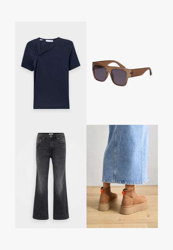 Hvit strikket genser med et strukturert kabelmønster, rund hals og ribbede mansjetter og nederkant. Laget av et mykt, varmt materiale.; Mørkeblå t-skjorte i myk stoff, med en vridd knute foran og en klassisk rund halslinning med korte ermer.; Svarte wide-leg jeans med høy midje, laget av denim. Har frontlommer, kobbernitter og synlig søm langs kanten.; Brune semska plattformstøvler med elastiske sidepaneler og orange rekkehalser, parret med en knelange lys denimskjørt på et tregulv.; Brune semi-transparente solbriller med firkantet ramme og mørke linser. Armene er slanke og lett buede for et moderne utseende.