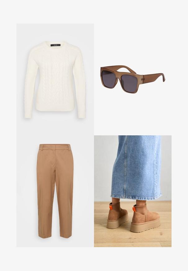 Fehér kötött pulóver, texturált zsinórmintával, kerek nyakkivágással és bordázott mandzsettákkal és aljjal. Puha, meleg anyagból készült.; Simító anyagú, egyenes szárú, bézs nadrág, dőlt elülső zsebekkel és láthatatlan zárás nélküli tiszta kivitelezéssel.; Barna velúr platform csizmák elasztikus oldalsó panelekkel és narancssárga húzófülekkel, amelyek egy térdközépig érő világoskék farmer szoknyával vannak párosítva egy fás padlón.; Barna, félátlátszó napszemüveg négyzet alakú kerettel és sötét lencsékkel. A szárak karcsúak és enyhén íveltek a modern megjelenés érdekében.