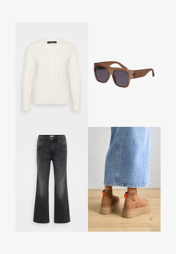 Baltas mezgimas megztinis su tekstūruotu kabelio raštu, apvaliu iškirpimu ir rubu apykakle bei apvadu. Pagamintas iš minkštos, šiltos medžiagos.; Juodos plačios kojos džinsai su aukštu liemeniu, pagaminti iš džinsinio audinio. Savybės: priekinės kišenės, vario nugarėlės ir matoma siuvinėjimas palei apvadas.; Rudos zomšiniai platforminiai batai su elastingomis šoniniais panirais ir oranžinėmis kilpomis, derinami su kelio ilgio šviesių džinsų sijonu ant medinių grindų.; Rudos pusiau skaidrūs saulės akiniai su kvadratine forma ir tamsiais objektyvais. Kojelės yra elegantiškos ir šiek tiek lenktos, suteikiančios šiuolaikišką išvaizdą.