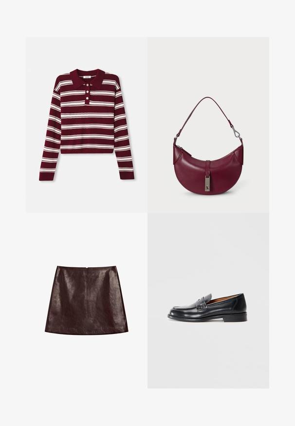 Burgunderfarbener Langarm-Polo-Pullover mit weißen horizontalen Streifen, mit einem Kragen und drei Knöpfen vorne. Weicher Stoff.; Bordeauxfarbene A-Linie-Rock aus Leder mit einer glatten, glänzenden Oberfläche. Verfügt über einen verdeckten Reißverschluss auf der Rückseite und ein sauberes, schlankes Design.; Schwarze Lederloafers mit runder Zehenpartie, genähten Details und glatter Textur. Verfügt über einen niedrigen Absatz und ein Schlupfdesign.; Burgunderfarbene Lederhandtasche mit geschwungenem Design, einem Reißverschluss oben und silbernen Hardware-Elementen, die ein Markenlogo präsentieren.