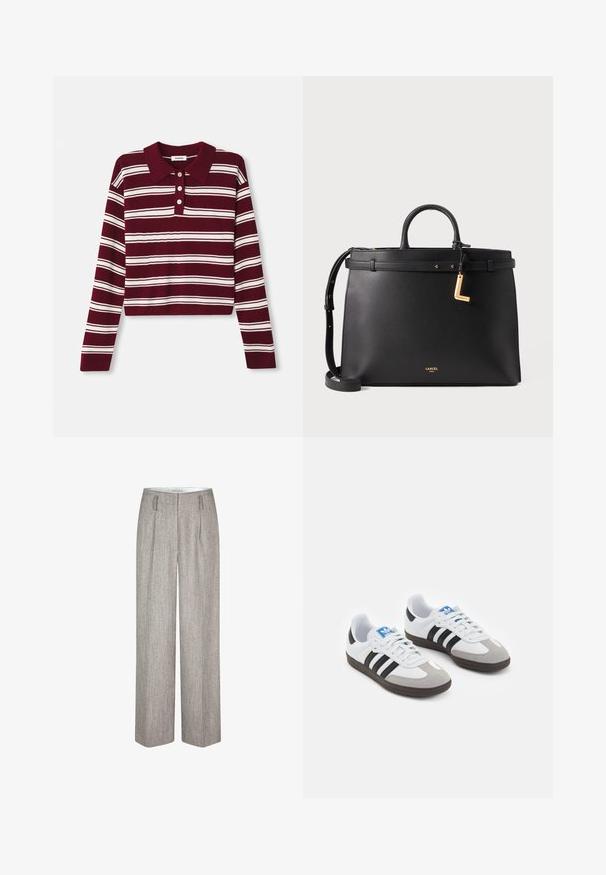 Burgundska polo majica z dolgimi rokavi z belimi vodoravnimi črtami, ki ima ovratnik in tri gumbe spredaj. Mehka textura.; Second Female JUN - Hlače - trench coat; Športni čevlji z belim usnjenim zgornjim delom, sivim semišem na prstih in tremi črnimi črtami. Imajo modro logo na jeziku in teksturiran gumijast podplat.; Črna usnjena torbica z dvema zgornjima ročajema, odstranljivim trakom, zlatimi dodatki in majhno visečo oznako "L". Gladka tekstura, strukturiran dizajn.