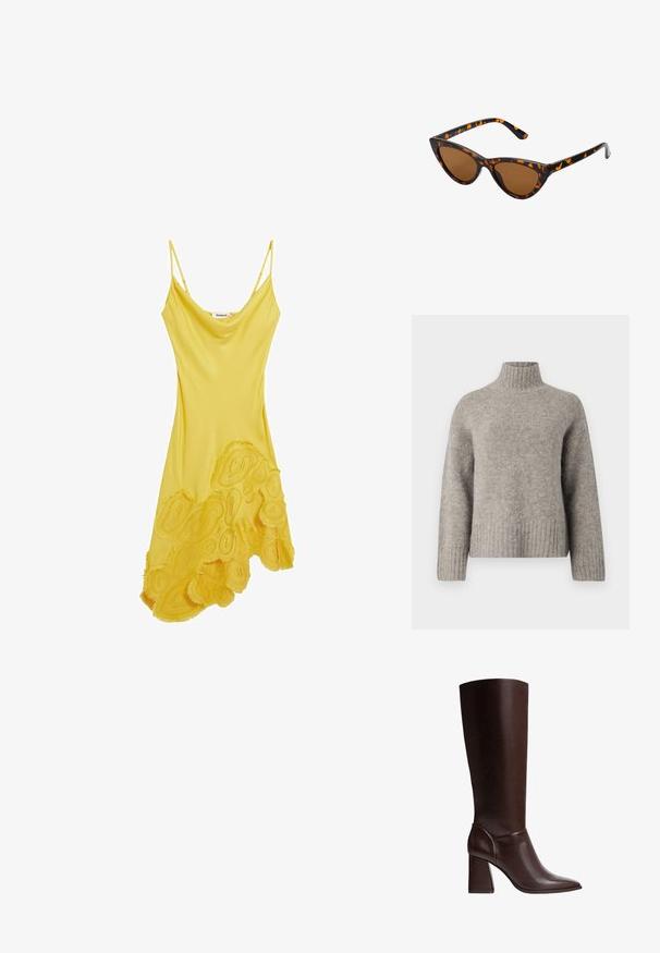 Hellgrauer Rollkragensweater aus weichem, strukturiertem Stoff. Verfügt über gerippte Bündchen und Saum, mit lockerer Passform und minimalistischem Design.; Gelbes ärmelloses Kleid mit fließendem Design, das an dem Saum mit strukturierten Blumenapplikationen versehen ist, gefertigt aus glattem Stoff.; Braune Lederkniehohe Stiefel mit einer spitzen Zehe und Blockabsatz, die eine glatte Textur und ein elegantes Design aufweisen. Akzentuiertes Nähen am Knöchel.; Katzenaugen-Sonnenbrille mit einem schwarz-orangenen Schildpattrahmen, braunen Gläsern und schlanken, spitzen Enden. Verfügt über ein minimalistisches Logo am Bügel.