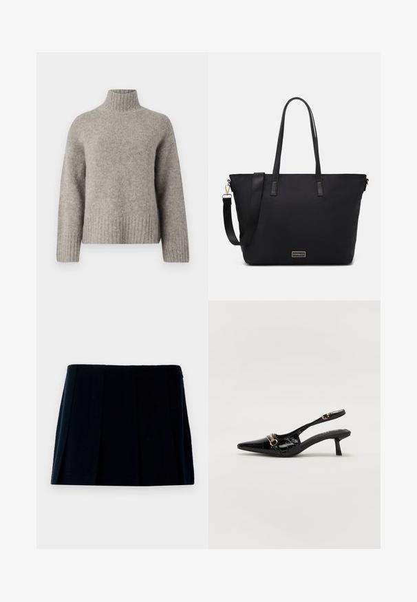 Világosszürke garbó pulóver, puha, textúrált anyagból készült. Bordás mandzsettákkal és aljjal rendelkezik, laza szabású és minimális dizájnú.; Fekete, pliszírozott miniszoknya anyagból. Egyenes derékrésszel és több függőleges redővel rendelkezik a forma és a textúra érdekében.; Fekete lakkbőr slingback pump, hegyes orral, kis sarokkal és aranyszínű fémrészletekkel a lábfej pántján. Simaság.; Fekete vászon táska sima nylonszövettel, hosszú bőrpántokkal, levehető vállpánttal és arany logós táblával.
