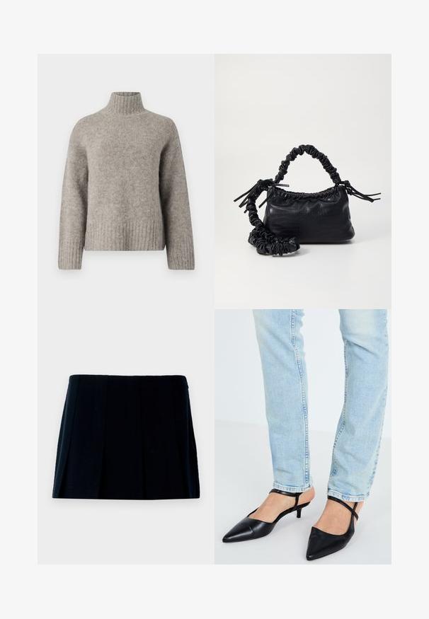 Jasnoszara golfowa sweter z miękkiej, teksturowanej tkaniny. Posiada ściągacze na rękawach i na dole, luźny krój oraz minimalistyczny design.; Czarna, plisowana mini spódnica wykonana z materiału. Posiada prostą talię i wiele pionowych fałd dla kształtu i tekstury.; Czarne skórzane sandały na obcasie w kształcie szpica z niskim obcasem typu kitten heel i paskiem wokół kostki, zestawione z jasnoniebieskimi dżinsami.; Czarna torebka z syntetycznej skóry o teksturze krokodyla, z zaciąganym górnym zamknięciem i marszczonym paskiem. Wygląda na miękką i zwartą w designie.