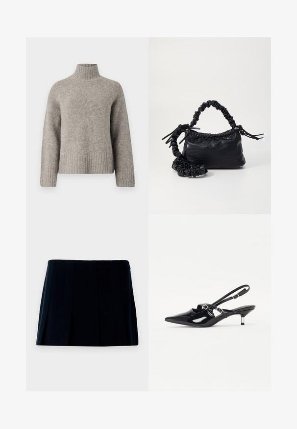 Világosszürke garbó pulóver, puha, textúrált anyagból készült. Bordás mandzsettákkal és aljjal rendelkezik, laza szabású és minimális dizájnú.; Fekete, pliszírozott miniszoknya anyagból. Egyenes derékrésszel és több függőleges redővel rendelkezik a forma és a textúra érdekében.; Fekete lakk bőr slingback cipők hegyes orral, keskeny sarokkal és állítható csatoló pánttal a lábfej felett. Simább textúra.; Fekete műbőr kézi táska krokodil bőr textúrával, összehúzható tetejű és gyűrt pánttal. Lágy és kompakt dizájnúnak tűnik.