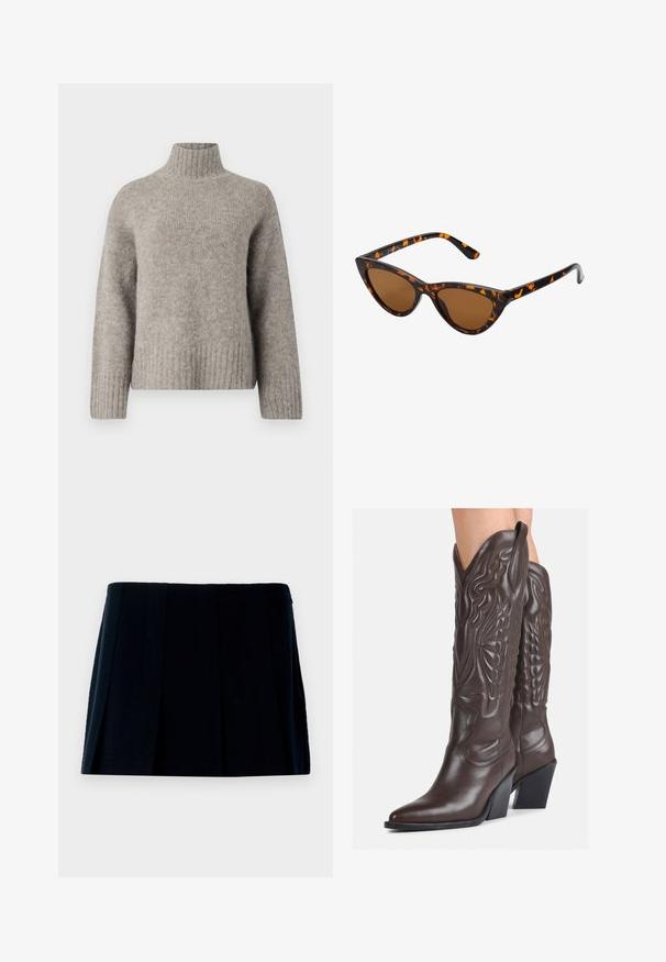 Svetri v svetlo sivi barvi s polno ovratnikom, izdelan iz mehkega, teksturiranega materiala. Ima rebraste manšete in spodnji rob, sproščen kroj ter minimalističen dizajn.; Črna plisirana mini krila iz blaga. Ima ravno pasnico in več navpičnih gub, ki dodajajo obliko in teksturo.; Rjave usnjene kavbojske čevlje z ostrim nosom in blok peto, ki vsebujejo podrobno šivanje in dvignjene dodatke na zgornjem delu.; Mačje oči sončna očala z okvirom v črno-oranžni želvej ohišji, rjavimi lečami in elegantnimi, ostrimi konicami. Imajo minimalistični logo na ročaju.