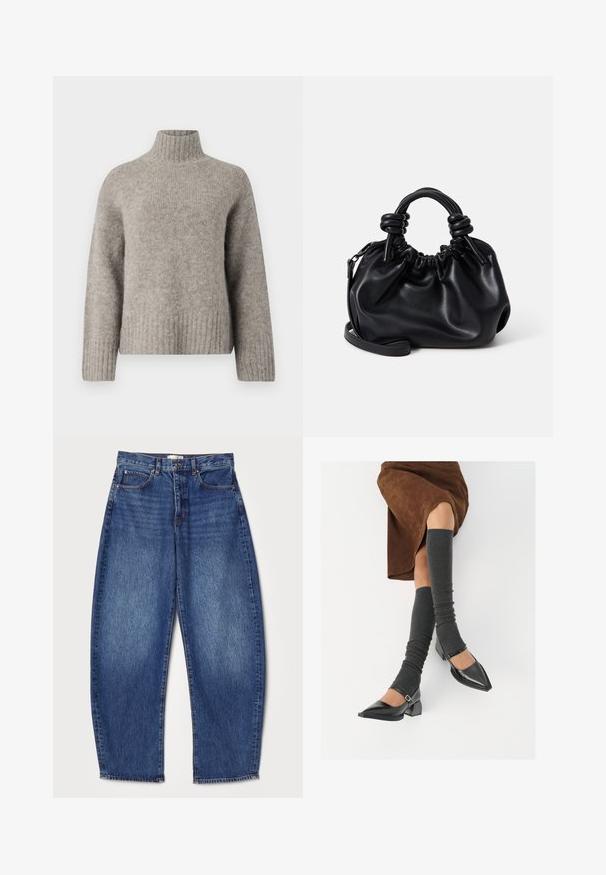 Lichtgrijze coltrui van zacht, gestructureerd materiaal. Heeft geribbelde manchetten en een zoom, met een ontspannen pasvorm en een minimalistisch ontwerp.; Denim jeans met een losse pasvorm, middelhoge taille, diepblauwe kleur, vervaagde textuur, vijf-pocket ontwerp en rechte pijpenopening.; Zwarte gepatineerde leren pumps met een puntige neus, een blokhak en een enkelbandje, gecombineerd met grijze geribde beenwarmers en een bruine suède rok.; Zwarte leren handtas met een geplooid ontwerp, korte ronde handvatten en een afneembare schouderriem. Glad oppervlak met een zachte silhouet.