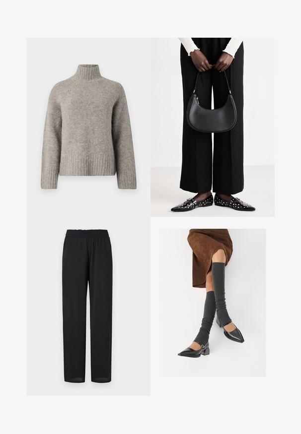 Pull à col roulé gris clair en tissu doux et texturé. Il présente des poignets et un ourlet côtelés, avec une coupe décontractée et un design minimaliste.; Pantalons noirs légers avec une coupe décontractée, dotés d'une taille élastique et d'une texture lisse. Les jambes droites s'effilent légèrement au niveau de l'ourlet.; Chaussures à bout pointu en cuir verni noir avec un talon bloc et une bride à la cheville, accompagnées de jambières en maille grise et d'une jupe en daim marron.; Sac à main en cuir noir avec une forme arrondie, finition brillante et quincaillerie en argent. Personne portant un pantalon large noir et des mocassins cloutés.