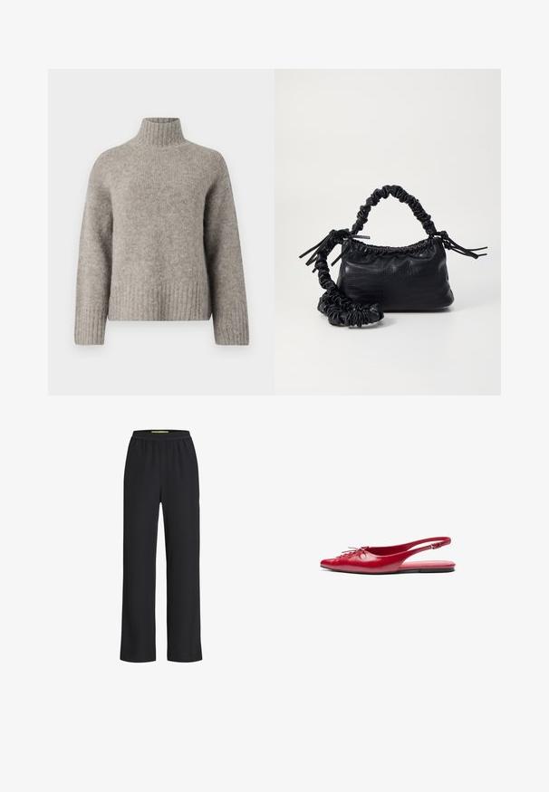 Pulôver de gola alta cinza claro feito de um tecido suave e texturizado. Apresenta punhos e barra canelados, com um corte relaxado e um design minimalista.; Calças largas pretas com uma cintura elástica, feitas de um tecido suave, apresentando uma textura lisa e um corte solto ao longo das pernas.; Sandal em pele vermelho com talão aberto, ponta afiada e um detalhe decorativo de laço na parte da frente, apresentando uma tirinha fina no tornozelo e sola plana.; Bolsa de mão em couro sintético preto com textura de crocodilo, topo franzido e alça enrugada. Apresenta um design suave e compacto.