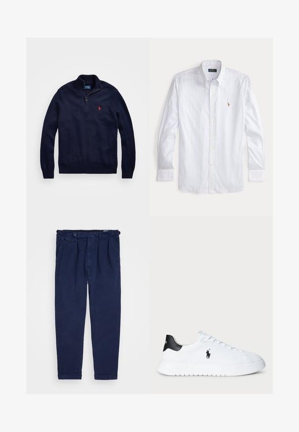 Sweater de malha azul marinho com colarinho alto, fecho de meio zíper, punhos e bainha canelados, e um pequeno logótipo vermelho no peito.; Camisa de vestir com botões na frente, branca com riscas azuis, apresenta uma gola clássica, mangas compridas e um pequeno logotipo bordado no peito.; Chinos azul-marinho feitos de algodão, com corte reto, pregas frontais, fecho de botão e punhos enrolados. Textura suave com design minimalista.; Sapatilhas brancas de cano baixo com tabuleiro de calcanhar preto e logótipo da Polo Ralph Lauren em preto na lateral, apresentando atacadores brancos e sola de borracha grossa.